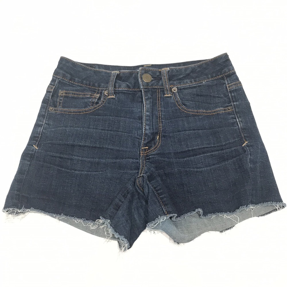 American Eagle Size 6 Womens Frayed Shorts Dark Blue Wash Cut Off Super Stretch